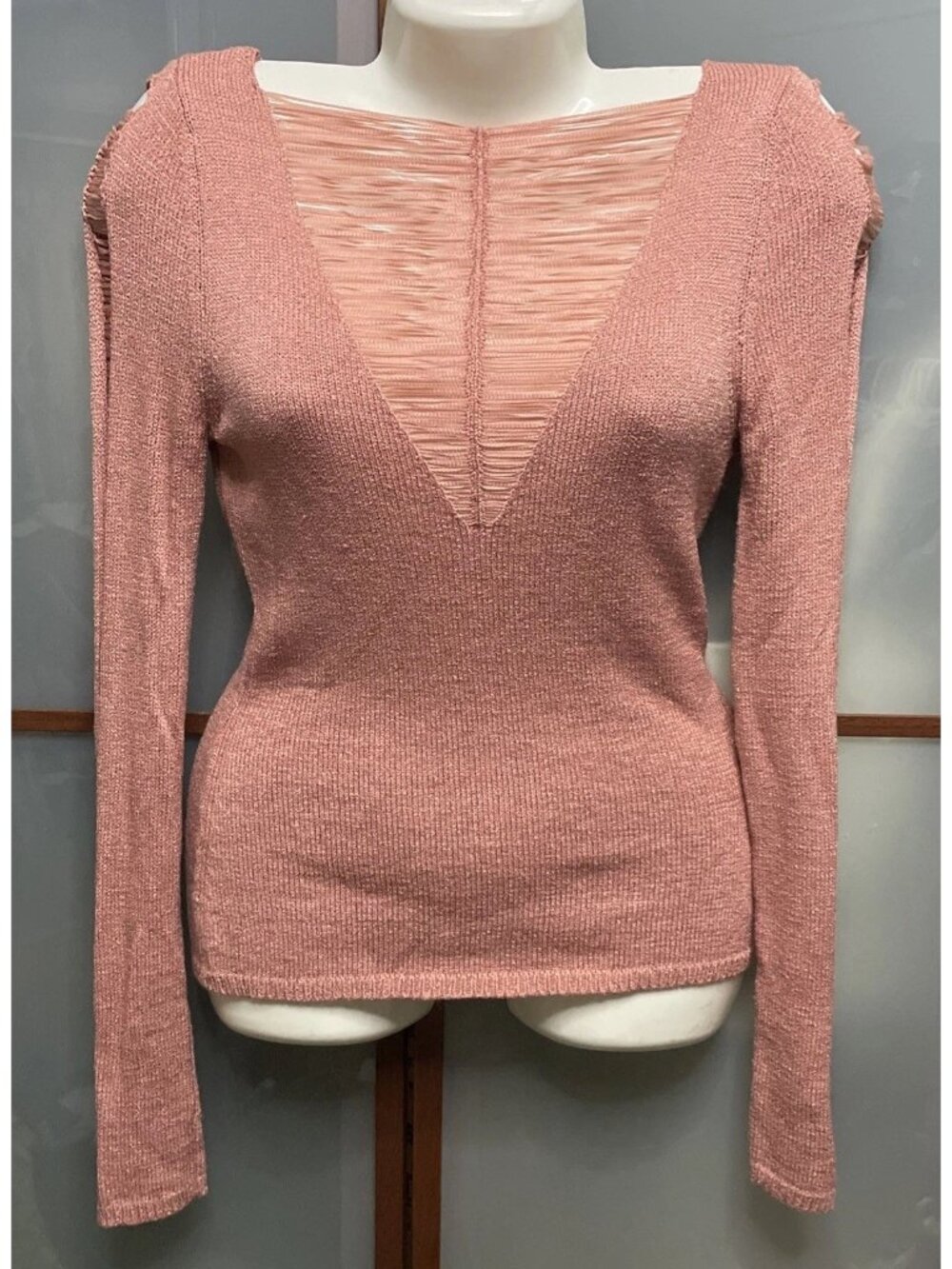 Arden B Y2K Vintage Medium Pink Slit V-Neck Sheer Long Sleeve Knit Sweater Top